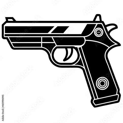 Black and white outline illustration of a semi-automatic pistol in profile view firearm weapon