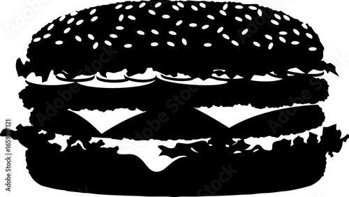 Black and white silhouette of a burger with sesame seeds cheese lettuce and meat patties stacked high