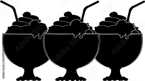 Silhouette of three ice cream sundaes in stemmed bowls with straws on a white background dessert treat 100