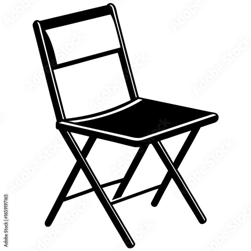 Black Silhouette of a Folding Chair with X- Shaped Legs on White Background seat furniture