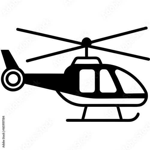 Black silhouette of a helicopter with rotor blades and tail rotor on a white background rotorcraft aircraft