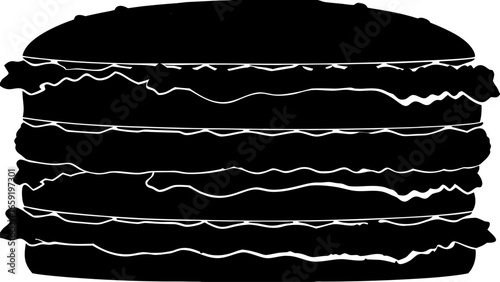 Silhouette depiction of a large multi layered burger with visible fillings and a sesame seed bun top