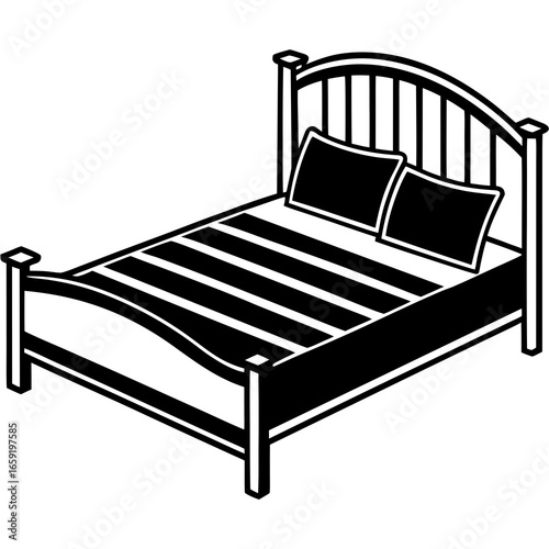 Black silhouette of a wooden bed with striped bedding and pillows on white furniture bedroom
