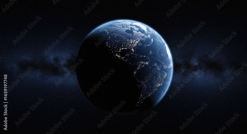Fototapeta premium A realistic view of Earth in space, with North and South America lit by city lights, set against a black background, and a dark blue planet scattered with stars. 
