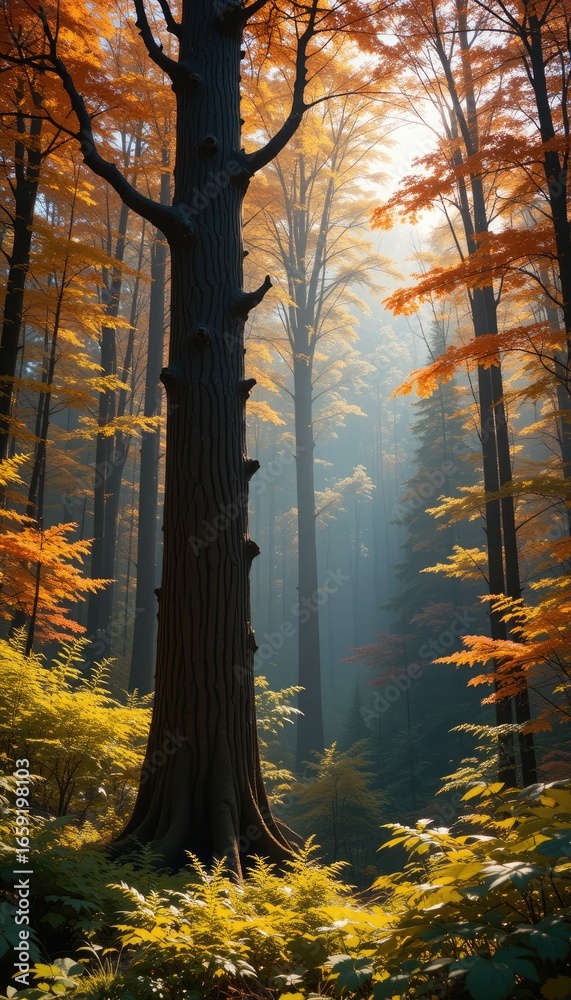 Fototapeta premium Majestic old tree in a sunlit autumn forest trees fall