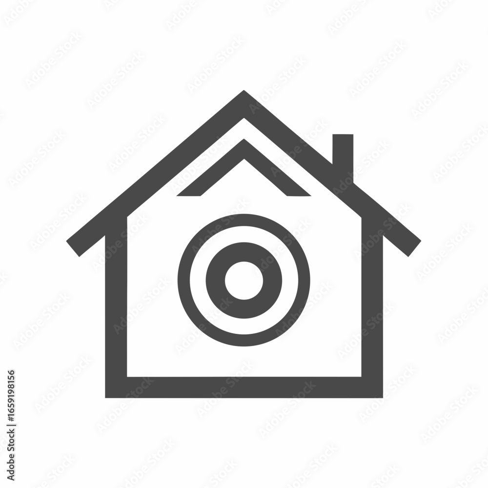 Simple Gray Icon of a House with a Security Camera Symbol Inside on White Background home surveillance Simple Gray Icon of a House with a Security Camera Symbol Inside on White Background home surveillance