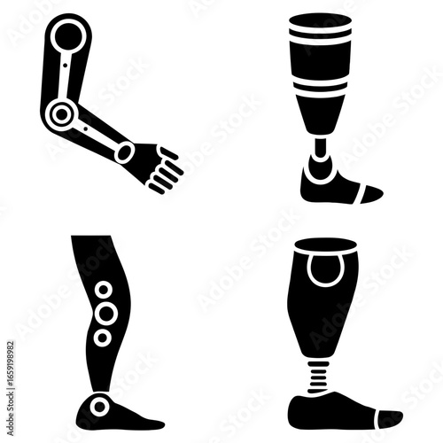 Various prosthetic limbs in black and white art