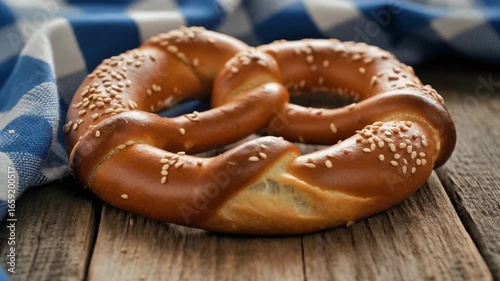 Close-up of a fresh pretzel sprinkled with sesame seeds, resting on a rustic wooden surface beside a blue and white checkered cloth.