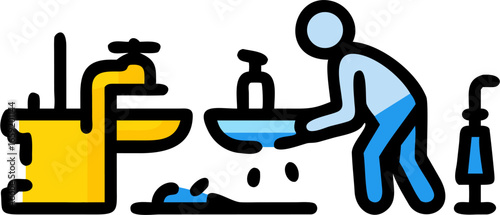 Person washing hands at a sink with soap and a vacuum cleaner in a bathroom setting in a cartoon style
