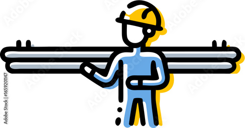 Illustration of a construction worker wearing a hard hat holding two pipes with a yellow outline