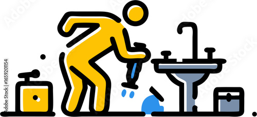 A plumber in yellow fixing a sink with a tool, water is leaking on the floor near a soap dispenser