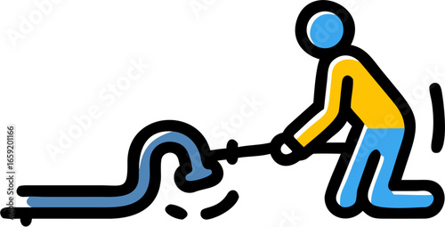 Person using a tool to unclog a drain or pipe with blue liquid and black outline on a white background
