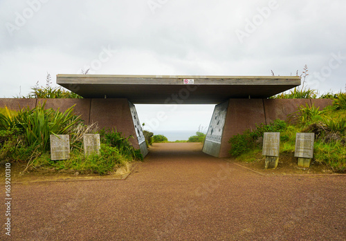 Aerial view of Cape Reinga coastal landscape and sandy beach, New Zealand.	
