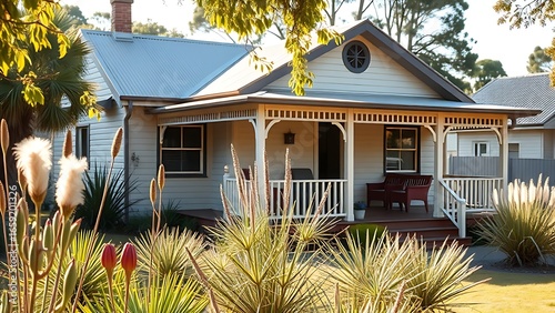 A cozy cottage with a veranda, surrounded by native plants in a peaceful residential setting.