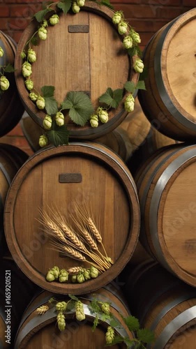 Oktoberfest beer - Stacked wooden barrels decorated with hops and wheat, suggesting brewing or winemaking, against a brick wall backdrop.