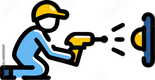 Illustration of a construction worker kneeling and using a drill on a wall with a light fixture