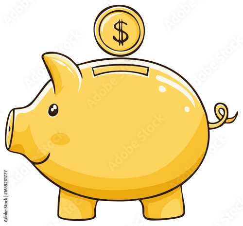Cartoon Golden Piggy Bank with Dollar Coin for Saving Money