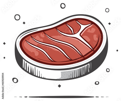 Artistic Red Raw Steak with Fat Marbling and Decorative Elements