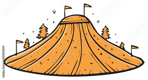 Whimsical cartoon circus tent with flags and stylized trees