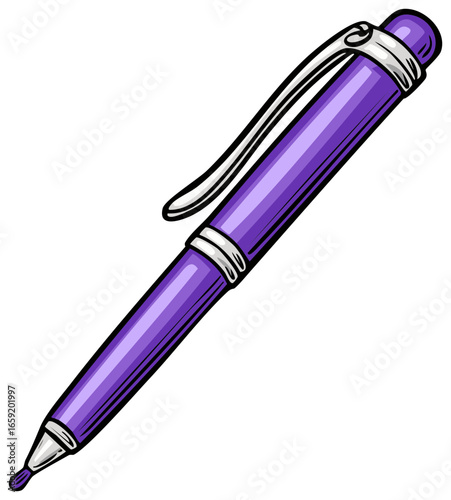 Shiny purple ballpoint pen with a silver clip in a bold cartoon vector style