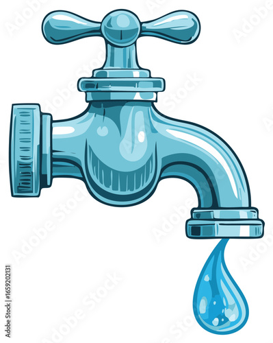 Blue water tap with a single dripping drop cartoon illustration depicting water waste or conservation