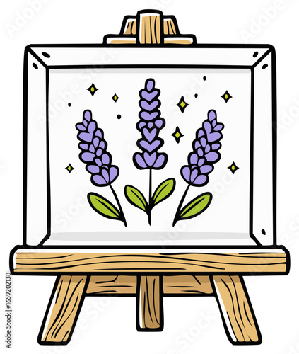 Lavender Flowers on an Easel Canvas Hand Drawn Illustration with Stars and Dots
