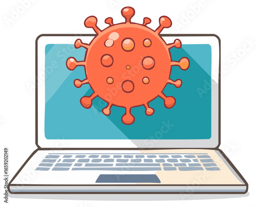 Computer Laptop with Red Virus Icon on Screen Illustrating Cyber Security Threat
