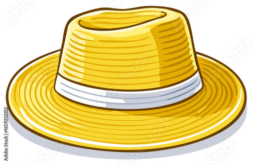 Vibrant Yellow Straw Hat with White Band, Summer Sun Protection Accessory