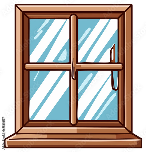 Cute cartoon style wooden window with four glass panes and latch illustration for home or building design