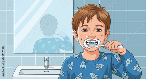 Illustration of a young boy with freckles brushing his teeth in front of a bathroom mirror, wearing pajamas with rocket ships, promoting dental hygiene and morning routines