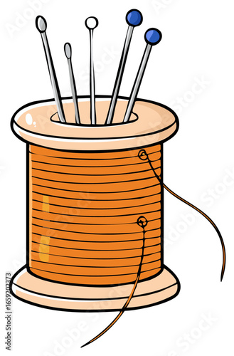 Orange thread spool with assorted sewing pins and needles for needlework and tailoring