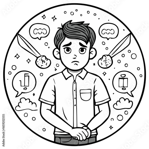 Illustration of a sad young man troubled by life challenges and negative thoughts