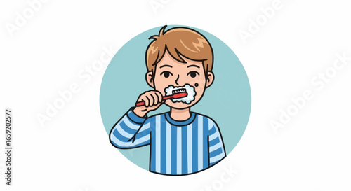 Young boy with brown hair wearing a blue striped shirt, brushing his teeth with a toothbrush and toothpaste, creating foam, in a circular frame with a light blue background