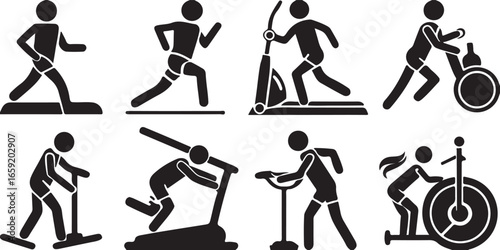 A black vector illustration of silhouettes of people playing sports like tennis and basketball, and doing fitness activities like yoga and dance