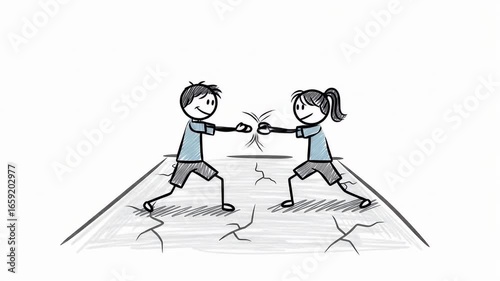 Playful Stick Figures Boy and Girl Bumping Fists on Cracked Ground A Cartoon Style Animation Illustrating Friendship and Teamwork on White Background Featuring Smiling Stick Figures
