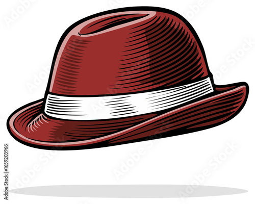 Vintage red fedora hat with a white band in a classic retro illustration style
