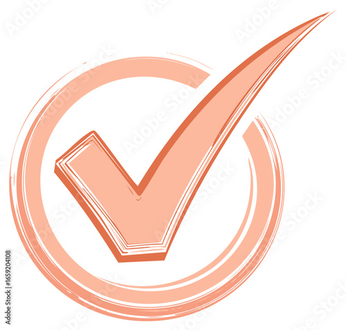 Hand drawn orange check mark symbol within a circle indicating correctness and approval