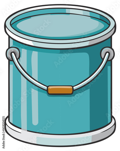 Simple cartoon illustration of a shiny teal metal bucket with a handle