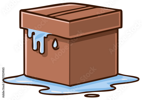 Cartoon Style Image of a Leaking Brown Cardboard Box Creating a Water Mess on the Surface