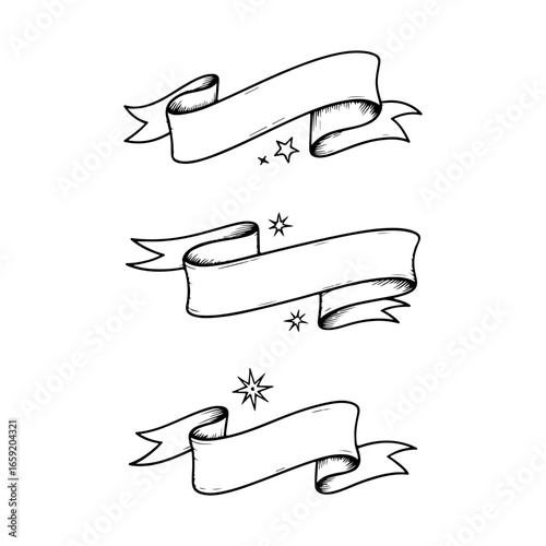 Hand drawn vintage ribbon banners vector set with stars on a white background.