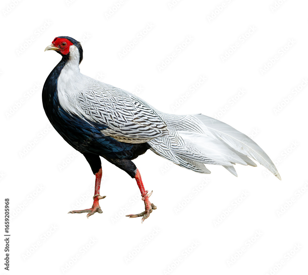 Naklejka premium Elegant Silver Pheasant with striking red face and patterned white plumage standing gracefully on the ground