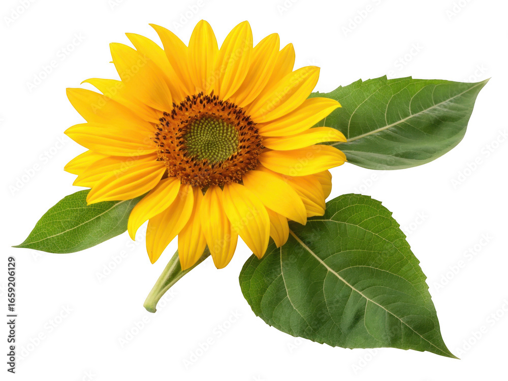 Obraz premium Bright yellow sunflower with green leaves isolated on transparent background