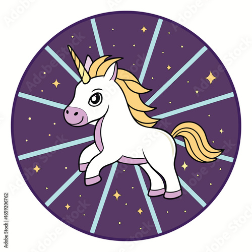 Whimsical unicorn prancing amidst cosmic stars and pastel rays fantasy mythical creature