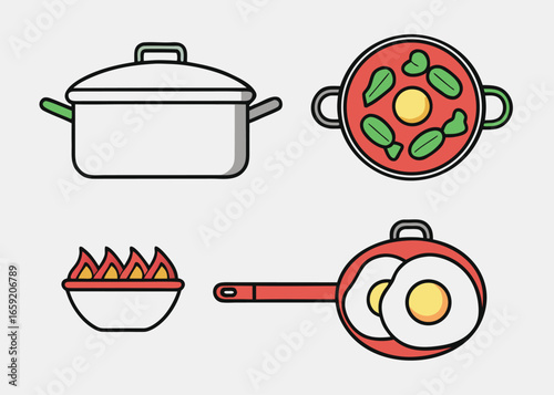 White cooking pot red stew pan frying pan with eggs and bowl with flames vector
