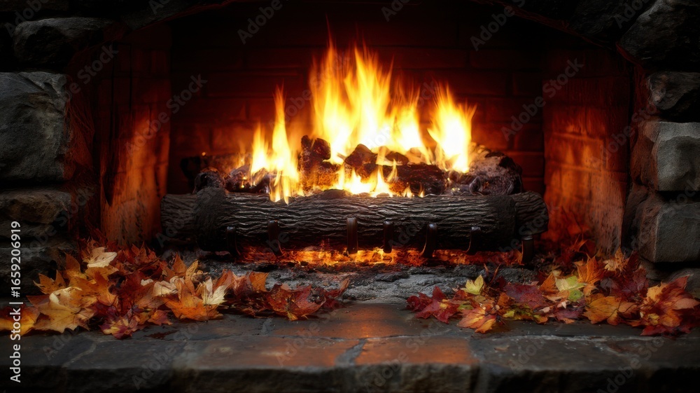 Obraz premium Roaring Fire in Brick Hearth Close-Up