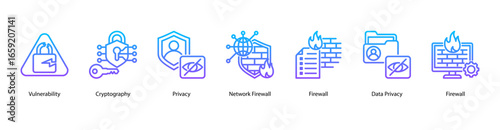 Cryptographic Defense web banner icon vector illustration featuring Vulnerability, Cryptography, Privacy, Network Firewall, Firewall, Data Privacy, and Firewall.