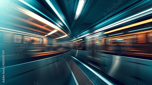 An abstract urban transit scene with dynamic motion blur and cool metallic tones.