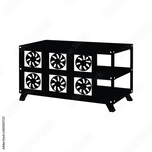 Cryptocurrency Mining Rig with Multiple Cooling Fans, Black and white Black Silhouette of Cryptocurrency Mining Rig with Multiple Cooling Fans