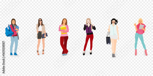 Multiethnic young people in casual clothes with and books. Asian, and students standing isolated vector illustration.
