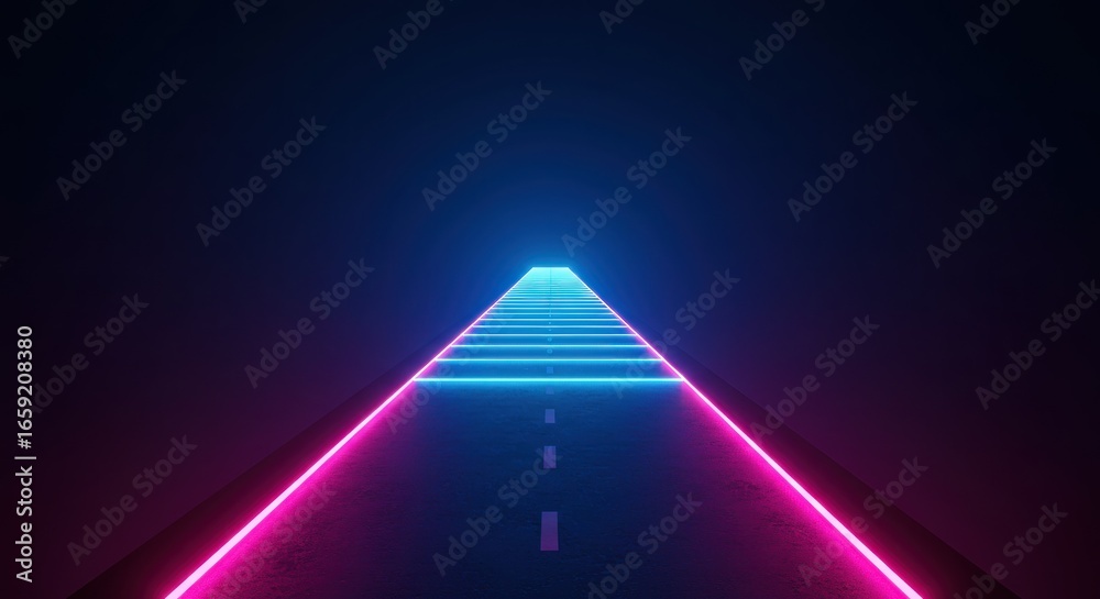 Fototapeta premium A digitally rendered, perspective view of a neon-lit road. Pink and blue lines frame a path vanishing into darkness, with a bright, blue center